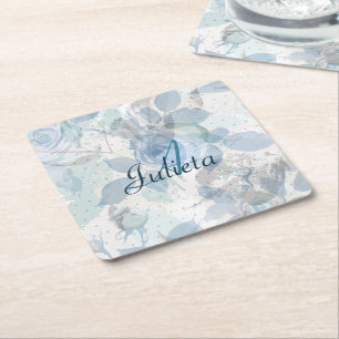 Posavasos Cuadrado De Papel Lujo de los Rosas Azul Monograma