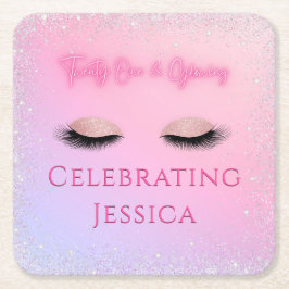 Posavasos Cuadrado De Papel Lujo Rosa Veintiuno y Cumpleaños 21 Glowing