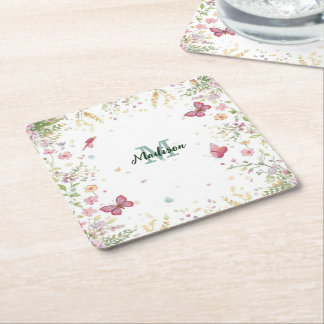 Posavasos Cuadrado De Papel Lujoso Colorido Flor silvestre Flor mariposa azul