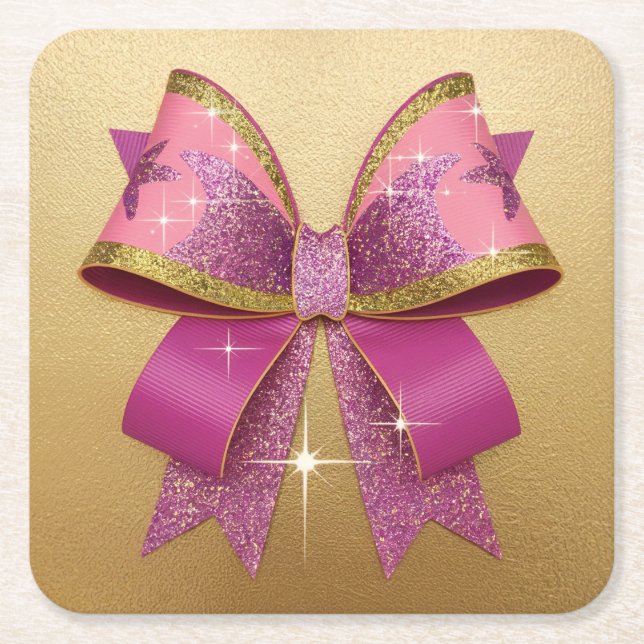 Posavasos Cuadrado De Papel Lujoso Glam Pink Purple Gold Bow Coaster Set (Anverso)