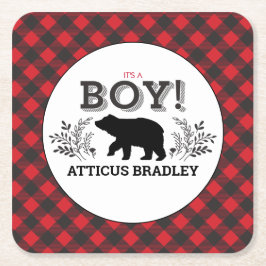 Posavasos Cuadrado De Papel Lumberjack Bear Baby Boy Shower Coasters