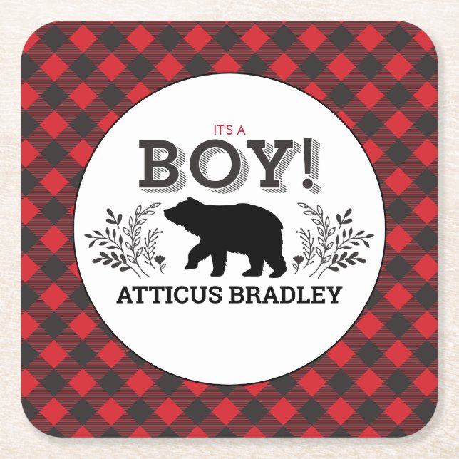 Posavasos Cuadrado De Papel Lumberjack Bear Baby Boy Shower Coasters (Anverso)