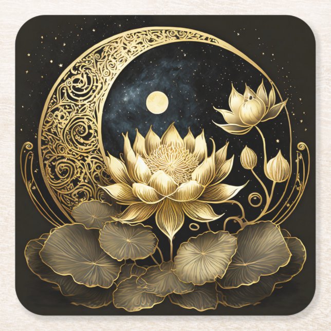 Posavasos Cuadrado De Papel Luna celeste y flor de loto (Anverso)