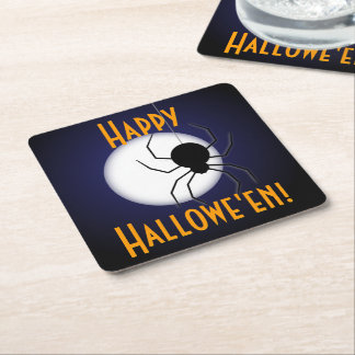 Posavasos Cuadrado De Papel Luna espeluznante y feliz de Halloween y araña
