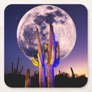 Posavasos Cuadrado De Papel Luna Llena Sobre Cactus Saguaro