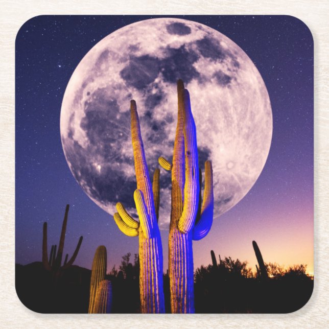 Posavasos Cuadrado De Papel Luna Llena Sobre Cactus Saguaro (Anverso)