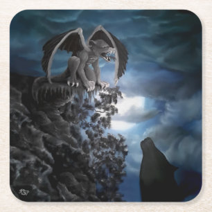 Posavasos Cuadrado De Papel Luna lobo - Lobo con Golem