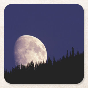 Posavasos Cuadrado De Papel Luna y bosque Parque Nacional Glacier Montana