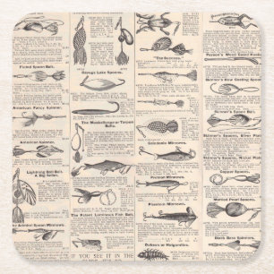 Posavasos Cuadrado De Papel Lures de la pesca de vintage: pescador de la época