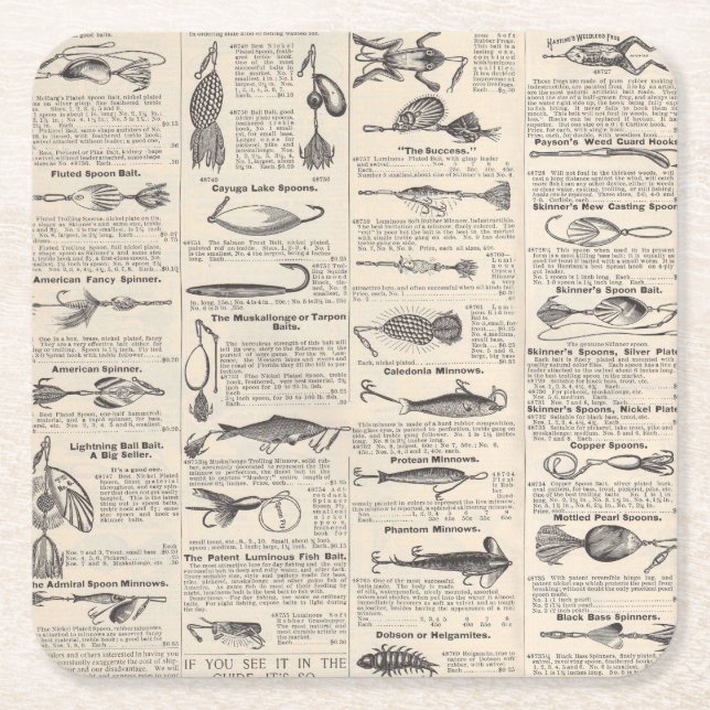 Posavasos Cuadrado De Papel Lures de la pesca de vintage: pescador de la época (Anverso)