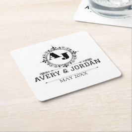 Posavasos Cuadrado De Papel Luxury Elegant Monogram with Initials white