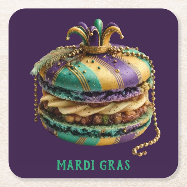 Posavasos Cuadrado De Papel Macarón Real de Mardi Gras (Anverso)