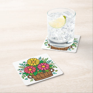 Posavasos Cuadrado De Papel Macetero de madera floral retro alegre