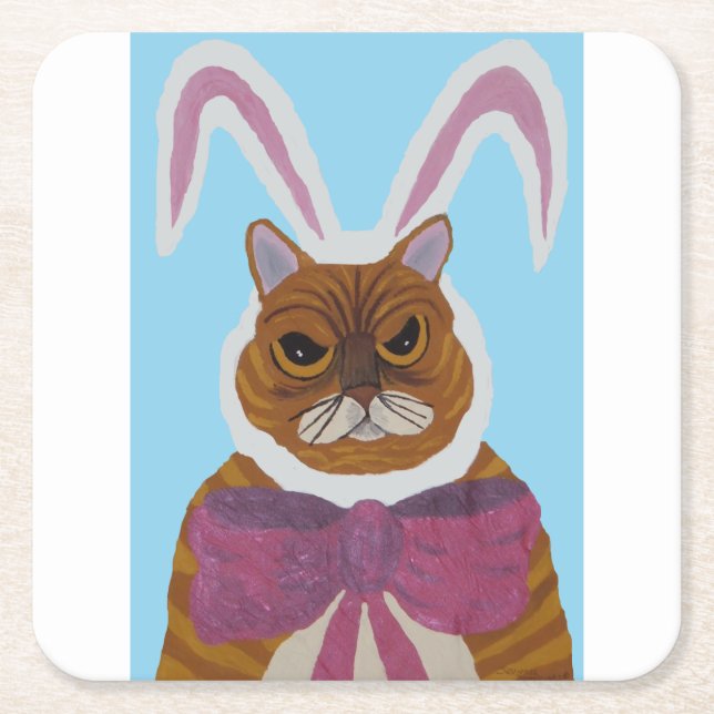 Posavasos Cuadrado De Papel Mad Cat in Bunny Ears Easter  (Anverso)