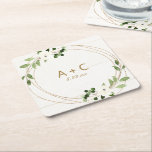 Posavasos Cuadrado De Papel Madera Rústica Floral de acuarela geométrica boda<br><div class="desc">Moderna montaña Boda de Verdor Geométrico con Relieve metalizado dorado Faux: lleve su recepción nupcial o decoración de fiesta de compromiso al siguiente nivel, con estas galerías de papel personalizadas. Este diseño presenta un marco geométrico de diseño en imitación de oro, con una vegetación acuática rústica y flores blancas. Personaliza...</div>