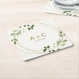 Posavasos Cuadrado De Papel Madera Rústica Floral de acuarela geométrica boda