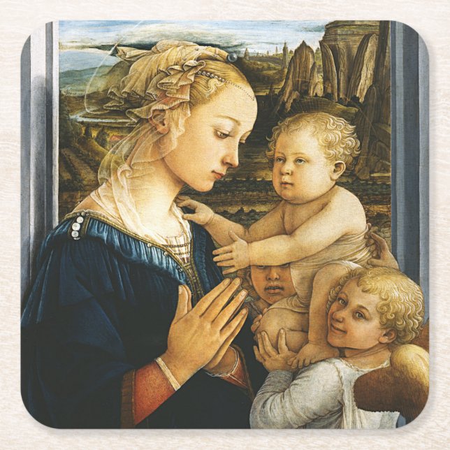 Posavasos Cuadrado De Papel Madonna con niño y dos ángeles, Filippo Lippi (Anverso)
