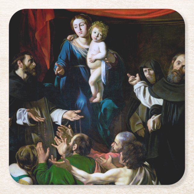 Posavasos Cuadrado De Papel Madonna del Rosario, Caravaggio (Anverso)
