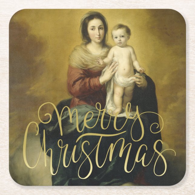 Posavasos Cuadrado De Papel Madonna e Niño, Navidades Bellas Artes (Anverso)