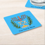 Posavasos Cuadrado De Papel Magen persa David Menorah<br><div class="desc">Esta imagen fue adaptada de una antigua teja judía persa y cuenta con una menorah con un Magen David (Estrella de David) enmarcado por ramas de olivo. Se han conservado las imperfecciones de la imagen original pintada a mano. Añade tu propio texto.</div>