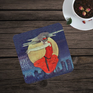 Posavasos Cuadrado De Papel Mágica mujer flotante Moon Night Sky Witch