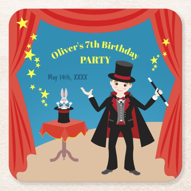Posavasos Cuadrado De Papel Magician Boy Show Birday Party (Anverso)