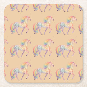 Posavasos Cuadrado De Papel Magico Unicornio de Arcoíris Personalizado