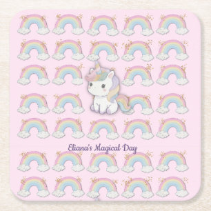 Posavasos Cuadrado De Papel Magnífico Unicornio Pastel Fiesta Arcoiris