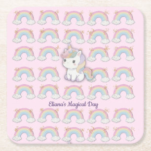 Posavasos Cuadrado De Papel Magnífico Unicornio Pastel Fiesta Arcoiris