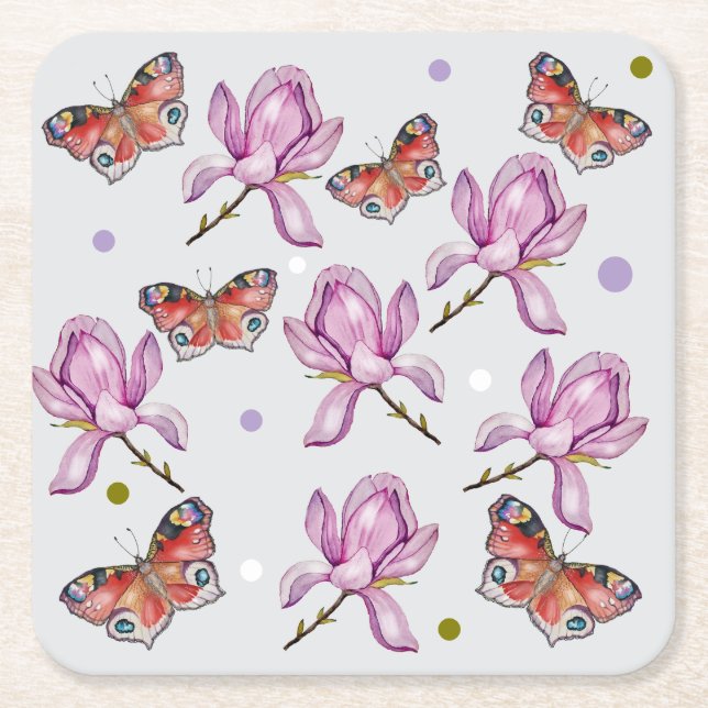 Posavasos Cuadrado De Papel Magnolia and butterflies, watercolor pattern (Anverso)