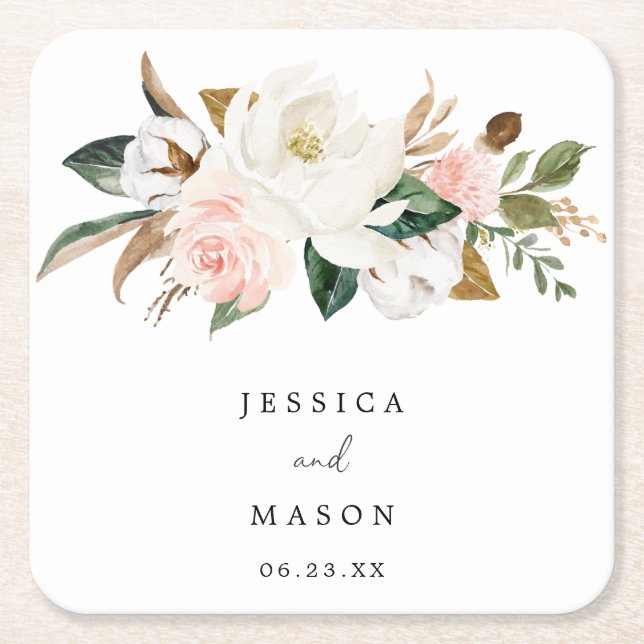 Posavasos Cuadrado De Papel Magnolia Cotton Bodas Coasters (Anverso)