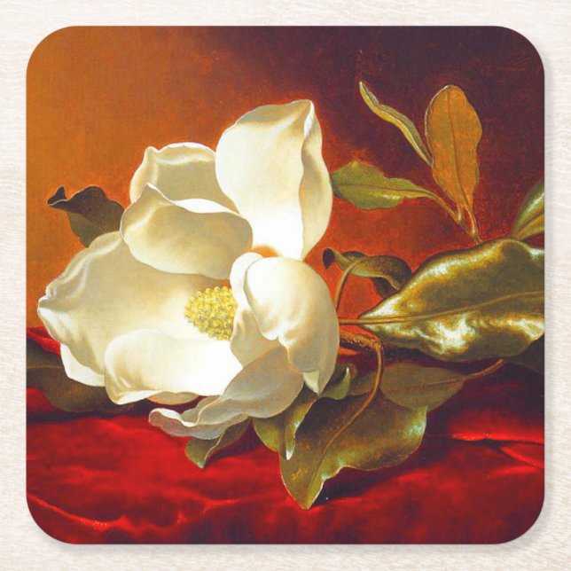 Posavasos Cuadrado De Papel Magnolia en Terciopelo Rojo Martin Johnson Heade (Anverso)