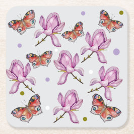 Posavasos Cuadrado De Papel Magnolia y mariposas, patrón de acuarela