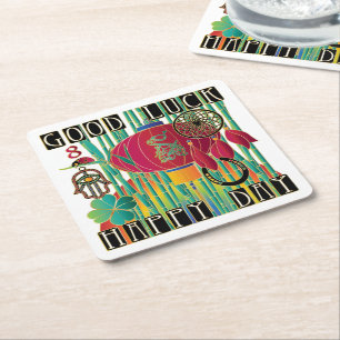 Posavasos Cuadrado De Papel Mah Jongg Buena Suerte Día Feliz