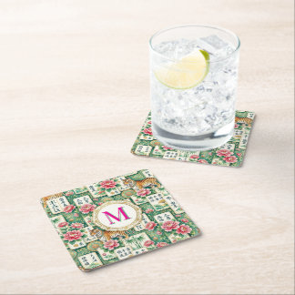 Posavasos Cuadrado De Papel Mahjong Chinoiserie Floral Monogram Personalized