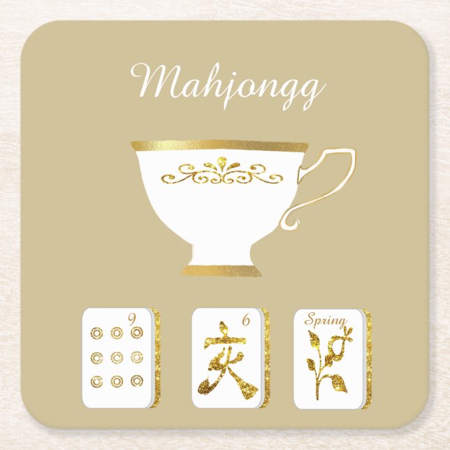 Posavasos Cuadrado De Papel Mahjong Tiles and Teacup Paper Coaster (Anverso)