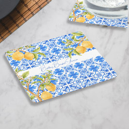 Posavasos Cuadrado De Papel Main Squeeze Mediterranean Azulejos Limones Bodas