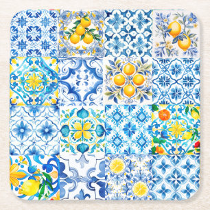 Posavasos Cuadrado De Papel Majólica, limón, azulejos sicilianos,