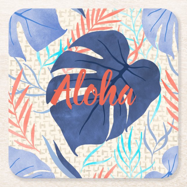Posavasos Cuadrado De Papel Maleah Monstera Tropical Hawaiana acuarela - Azul (Anverso)