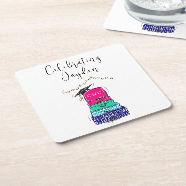 Posavasos Cuadrado De Papel Maleta de graduación de secundaria Preppy Script 2 (En perspectiva)