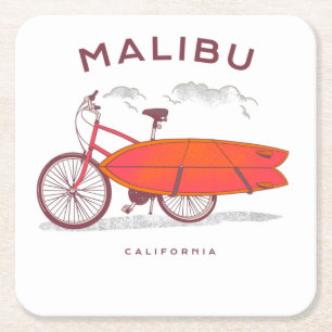 Posavasos Cuadrado De Papel Malibu California Vintage Beach Surfing Surf