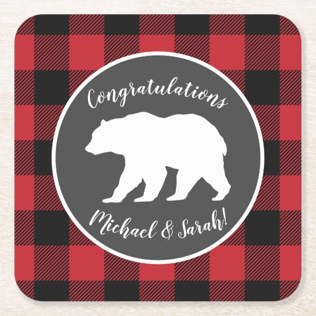 Posavasos Cuadrado De Papel Mama Bear Baby Shower Woodland Lodge (Anverso)