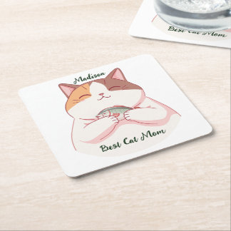 Posavasos Cuadrado De Papel Mamá gato de pez mejor lindo script personalizado