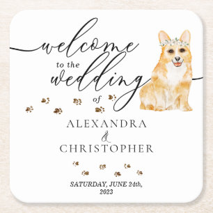 Posavasos Cuadrado De Papel Mamá Perra Corgi Bienvenida a la boda