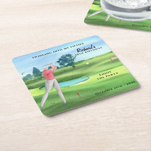 Posavasos Cuadrado De Papel Man Golf Player Swinging Fifties 50th Birthday (En perspectiva)