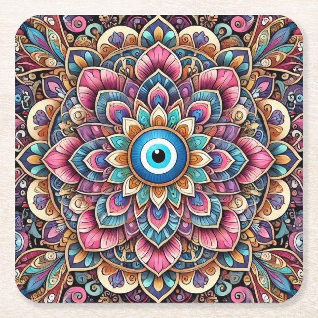 Posavasos Cuadrado De Papel Mandala con mal ojo (Anverso)