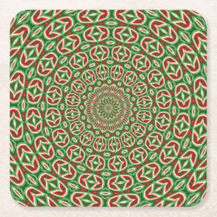 Posavasos Cuadrado De Papel Mandala de Navidad de dos tonos verde y rojo y bla