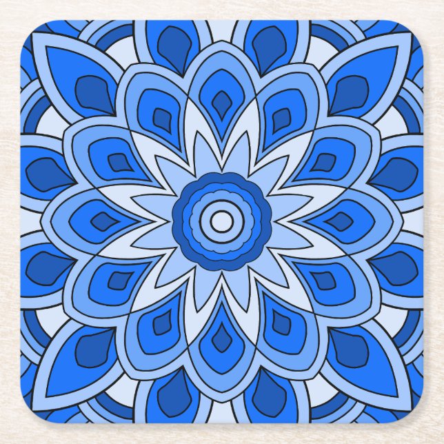 Posavasos Cuadrado De Papel Mandala en azul (Anverso)