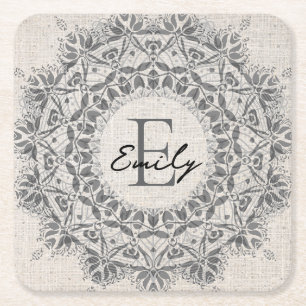 Posavasos Cuadrado De Papel Mandala Nombre personalizado Monograma Gris claro 