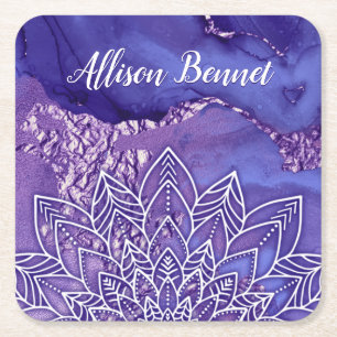 Posavasos Cuadrado De Papel Mandala personalizada de color morado blanco